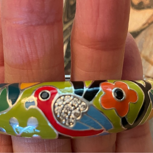 Belle Etoile Perroquet Parrot Sterling Silver Enamel Hinged Bangle Bracelet - Picture 11 of 11